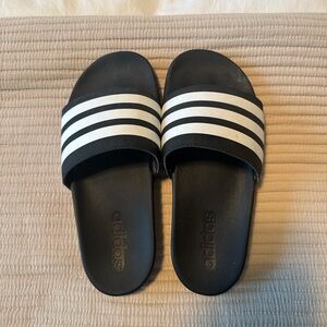 Adidas Black Slides with White Stripes